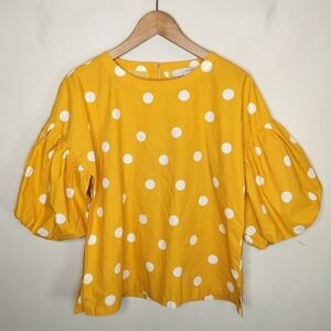 Ann Taylor LOFT Top Polka Dot Yellow Cotton Puff Sleeve